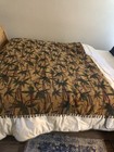 Bamboo Print Tapestry Throw Blanket Wood Beaded Fringes Tan Green Red 50x60  Euc