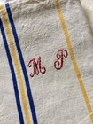 One Antique French Linen Cotton Fabric Towel  2 yellow Blue Stripe  Red Mono Mp