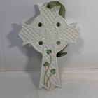 Ceramic Celtic Cross Ornament 8  Hand Painted Shamrocks White Textured Irish