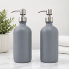 2 Pack 16 Oz Glass Soap Dispenser Set Gray Coated Bottles Stainless Steel Pump