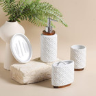Bathroom Accessories Set 4 Pcs Toothbrush Holder Soap Dispenser Ceramic And Wood