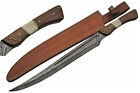 Short Sword   15  Damascus Steel Blade Full Tang Bone walnut Handle   Sheath