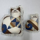 Vintage Handmade Cat Throw Pillow Quilted Patchwork Lace Trim Set Of 2 70s Retro