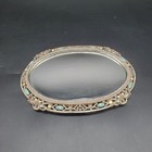 Vintage Hollywood Regency Oval Vanity Mirror Tray Turquoise Rhinestone