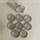 Vintage Set Of  8  Daisy Design Aluminum Coasters W holder
