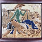 Rare Framed Bein Hoa Pottery Vietnam Ceramic Tile 3 Rice Field Toilers 9 1 2 x8 