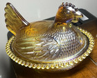 Vintage Indiana Glass Iridescent Gold Hen On Nest Chicken Lidded Dish Candy