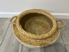 Woven Wicker Seagrass Belly Basket W Handles Boho Home Decor Tan White Large 