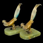 Antique 1920s Brass Pheasant Figurines Bookends Onyx Base Cold Painted Austria