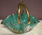 Vintage Italian Hand-painted Green   Gold Ceramic Basket  Pre-owned