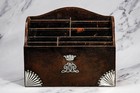 English Antique Sterling Silver Mounted Leather Desk Tidy Organizer Crown Cypher