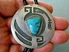 Old Native American High-grade Turquoise Sterl Silver Tribal Symbol Bolo Tie C31