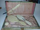 Antique Victorian Celluloid Wood Vanity Box Set Mirror  Brush   More