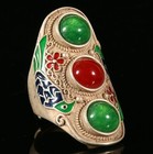4cm Old Chinese Dynasty Silver Inlay Gems Filigree Flower Bird Ring Finger Ring
