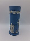 Vtg  Wedgwood Blue Off White Jasperware Spill Vase W Relief Classical Figures 