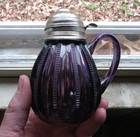 Antique Pretty Amethyst Glass Small Syrup Pitcher Zipper Rib Pattern With Lid