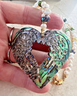 Lee Sands Abalone Shell Heart Pendant   Pearl Beaded Necklace In Box