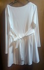 Women   s White Solid Square Neck Long Sleeve Mini Dress Tie Bow  Pockets Xl