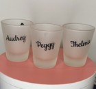 Vintage Dupenny Pin-up Shot Glass Set     Audrey  Peggy  Thelma     Frosted Glass