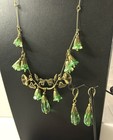 Art Nouveau Revival Green Glass Flower Lucite Drop Necklace Ears Set Vtg Style