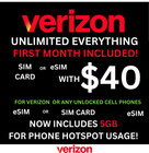      Verizon Sim Card      Esim      40 Plan Included     Unlimited 5g 4g Data - Hotspot