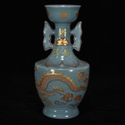7  China Antique Ru Kiln Porcelain Gilt Dragon Qingliangsi Mark Double Ear Vase