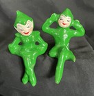 2 Vntg Green Pixie Elf Elves Ceramic Sitting Christmas Figurines