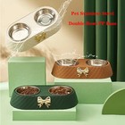 Pet Double Bowls Cat Dog Feeding Bowl Stainless Steel Food   Water Dish With Bow
