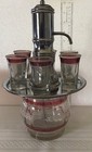 Hazel Atlas Chrome   Glass Liqueur Pump Decanter   Shot Glass Set  Vintage Nice 