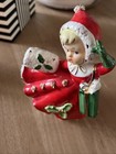 Vintage Relpo A-1484 Christmas Shopper Girl Ceramic Planter Spaghetti Trim Japan