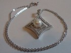 925 Sterling Silver Pearl Necklace Pendant W  8mm White Pearl   2 50 Ct Accents