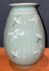 Vintage Korean Celadon Vase Cranes Clouds Crazing Signed 6    X 4   