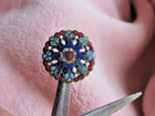 Small Antique Champleve Enamel Button In Pierced Brass Peacock Feather Design