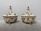 Antique 18th   19th Century Covered Bouillon Cups Pots Bird   Flowers Decoration