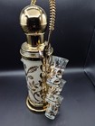 Vintage Glenshaw Mcm Pump Decanter Set 6 Shot Glasses Gold Floral Barware Works