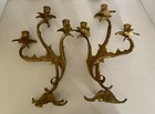 Art Nouveau Pair Brass Bronze Triple Candelabra Fern Shape Antique 14  Antique
