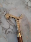 Vintage Brass Handle Wooden Walking Stick     Solid Wood Cane  Antique Style