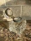 Antique Cut Glass Brass Desktop Inkwell Square Dip
