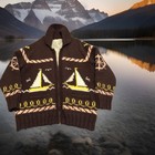 Cowichan Style Mary Maxim Pattern Knit Sweater Brown Nautical Sailing Xl