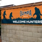 Rare Olympia Beer Bigfoot Banner Welcome Hunters 8ft Vintage Bar Sign Sasquatch