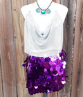 Purple Big Sequin Rave Belly Dance Hip Scarf Skirt   Silver Mesh Halter New