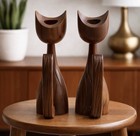 Mid Century Modern Hand Carved Wood Cat Candlestick Holders Pair 6 5  Teak Mcm