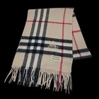 Burberry Cashmere Silk Blend Classic Beige Plaid Scarf Fringe 66  Scotland Nwot