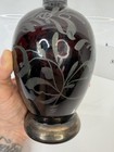 Vtg Cranberry Ruby Glass Decanter Etched Floral Stopper Brass Base Barware