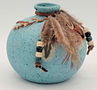 Southwestern American Turquoise Pottery Stoneware Vase W  Beads Feathers Flowers