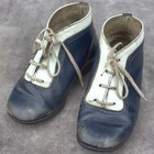 Antique Pair Leather Child Shoes Blue And White Collectible Doll Home Decor