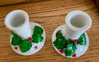 Vtg Pair White Bisque Ceramic Holly Leaves  berries Tapered Candle Stick Holders