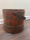Antique Style Wooden Bucket Wood Banded   Handle  Vintage Red Tone