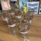 Vtg Libbey Holly   Berries Red Band Christmas Wine Glass Set Of 8