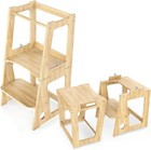 Height Adjustable Wooden Kitchen Step Stool With Safety Rail For Kids  Natural